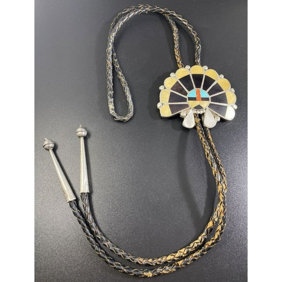 Old Pawn Zuni Sun Face Bolo Tie Inlay Sterling Bennett Patent Pending Clasp - Picture 1 of 8